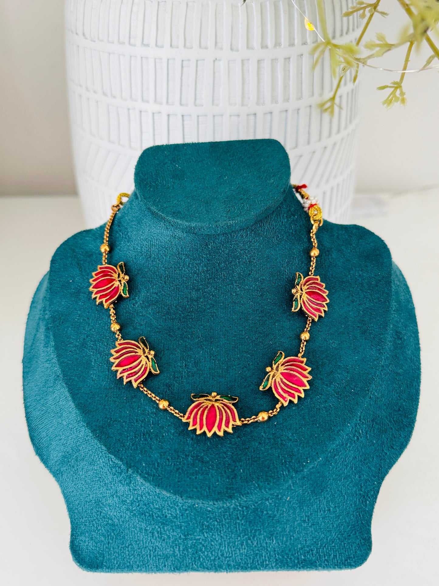 Antique finish red lotus chain and earrings