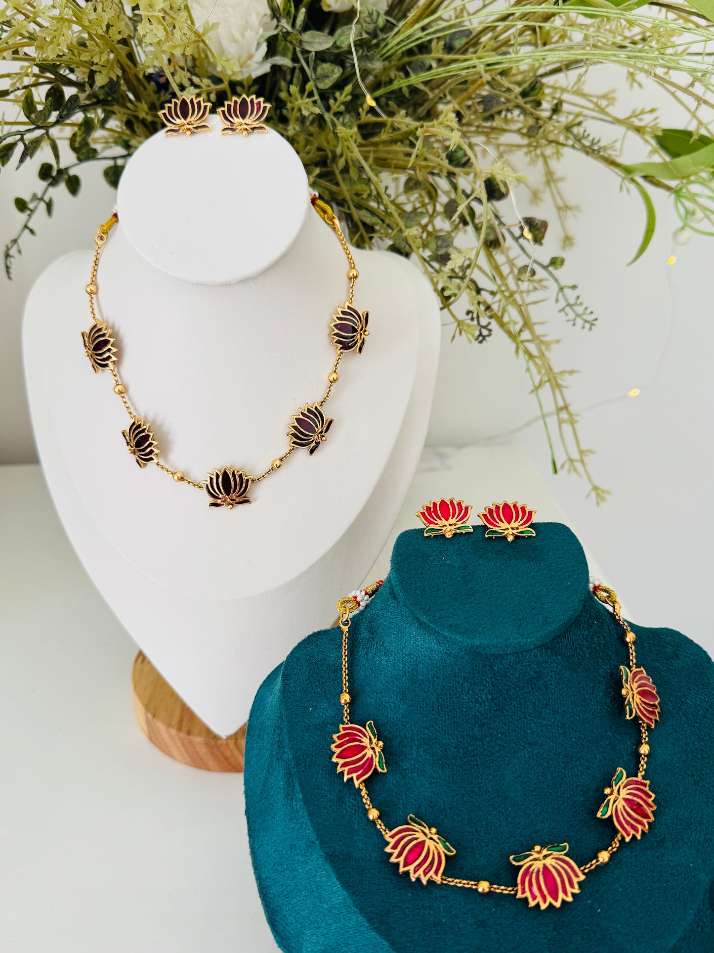 Antique finish brown lotus chain and earrings