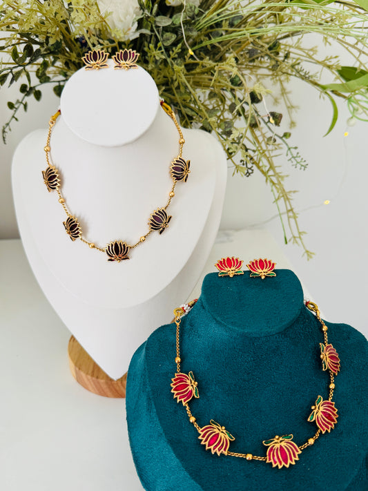 Antique finish red lotus chain and earrings