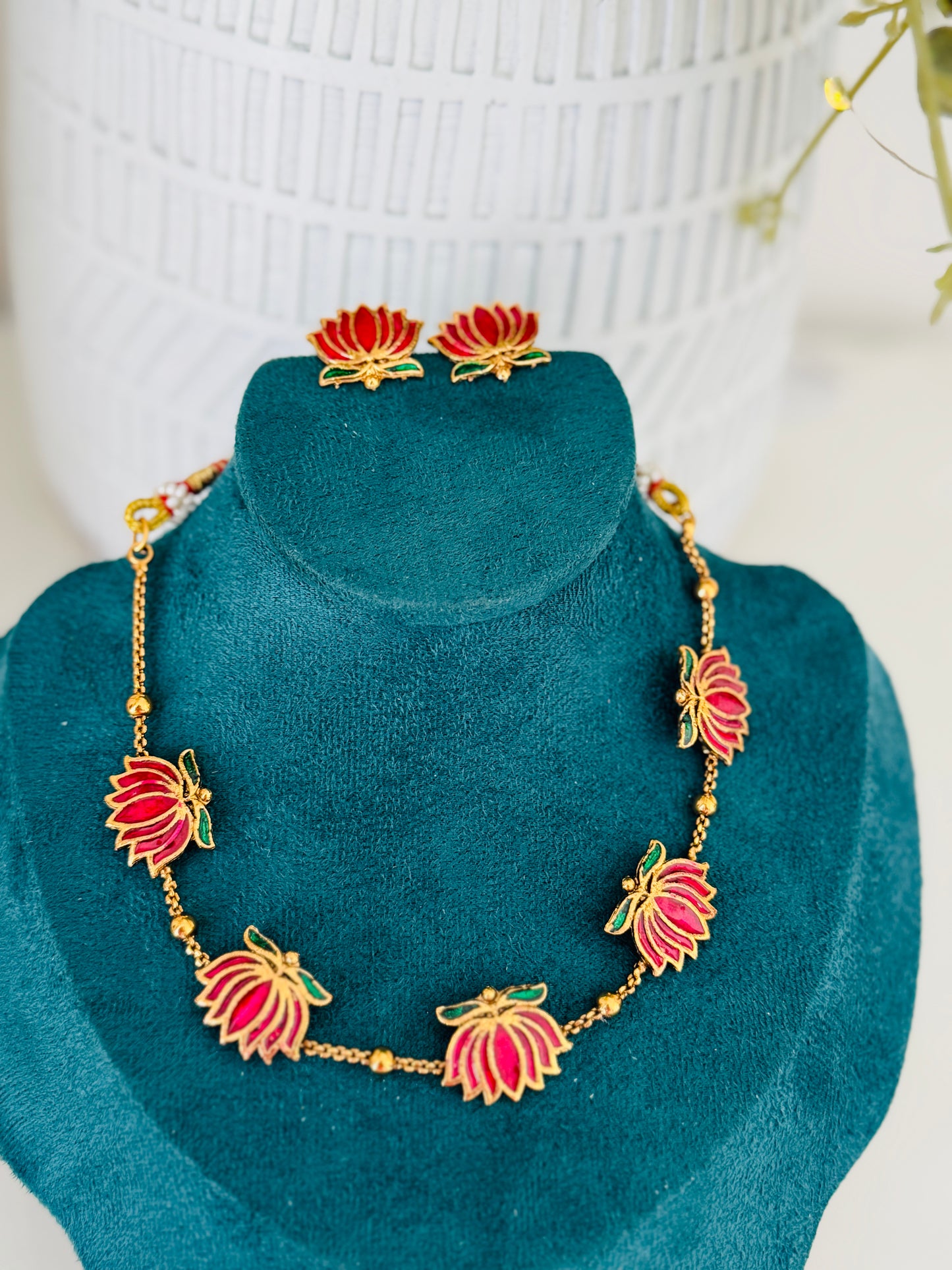 Antique finish red lotus chain and earrings